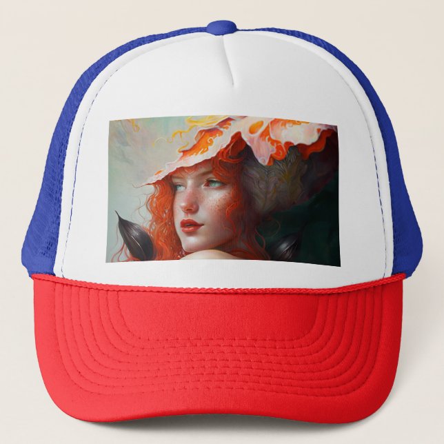 Beautiful Artistic Abstract Red Haired Ginger Girl Trucker Hat (Front)