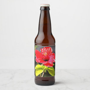 Beautiful Artistic Red Tropical Hibiscus Flower Beer Bottle Label