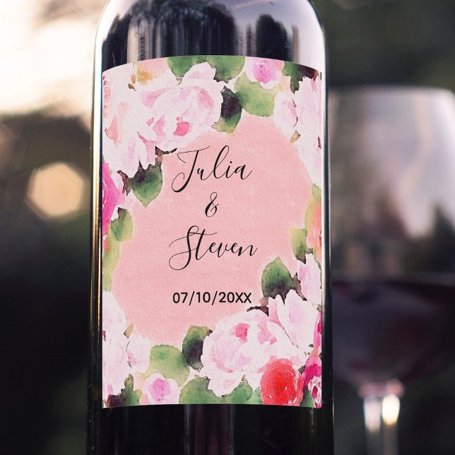 Beautiful Artistic Watercolor Pink Roses Wedding Wine Label (Creator Uploaded)