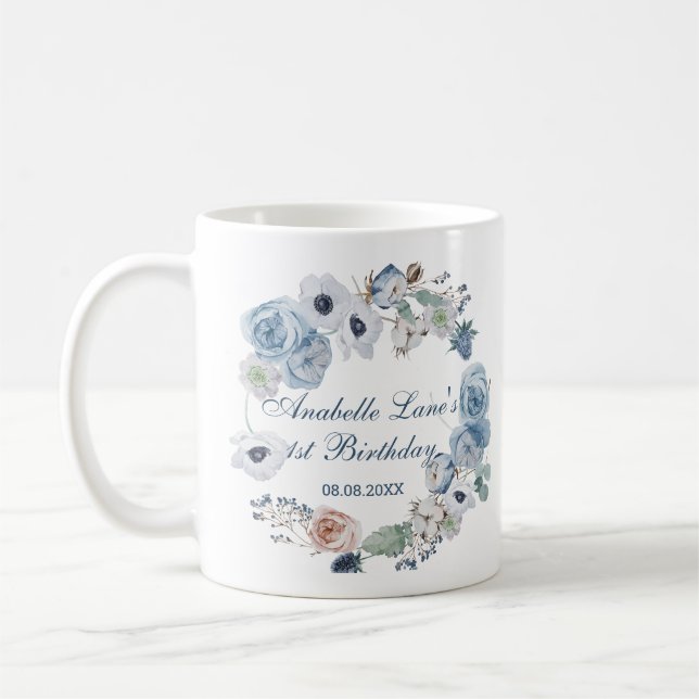 Beautiful Ash Blue Floral Birthday Coffee Mug (Left)
