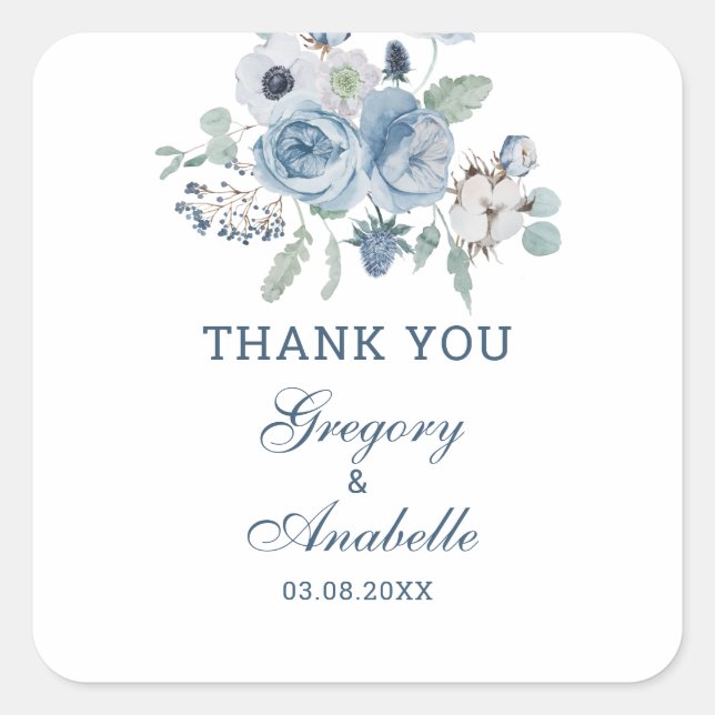 Beautiful Ash Blue Floral Wedding Square Sticker (Front)