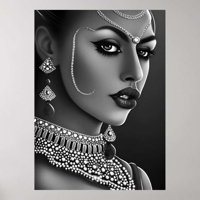 Beautiful Asian Indian woman Black White pearl  Poster (Front)