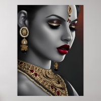 Beautiful Asian Indian woman Black White Red lips