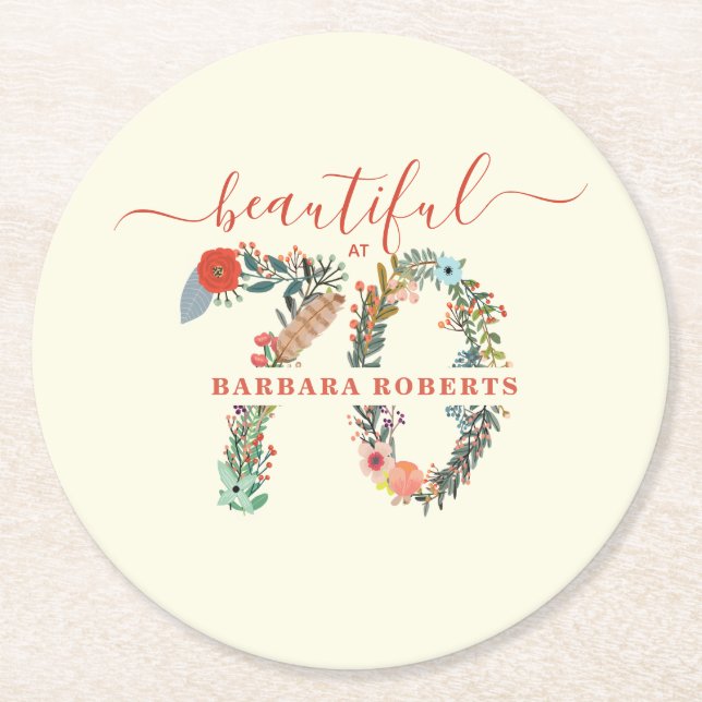 Beautiful at 70 Birthday Party Round Paper Coaster (Front)