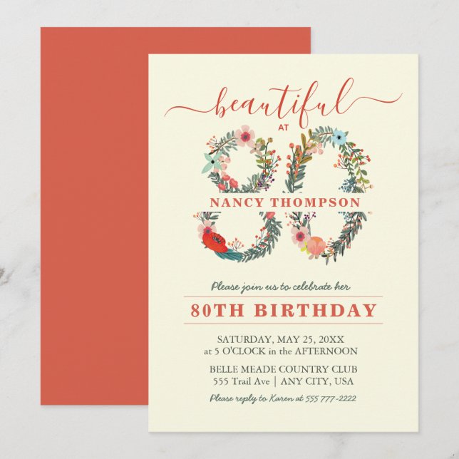 Beautiful at 80 Floral Number Invitation (Front/Back)