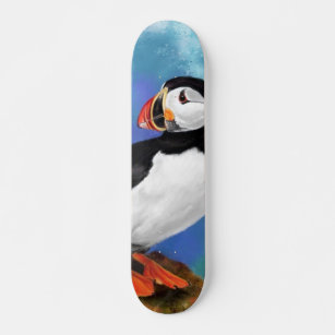 Beautiful Atlantic Puffin Bird Painting Migned Art Skateboard