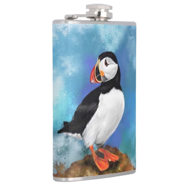 Beautiful Atlantic Puffin Bird Painting Migned  Hip Flask (Right)