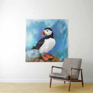 Beautiful Atlantic Puffin Bird Painting Tapestry