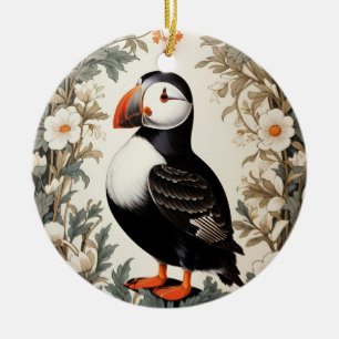 Beautiful Atlantic Puffin White Flowers Ceramic Tree Decoration