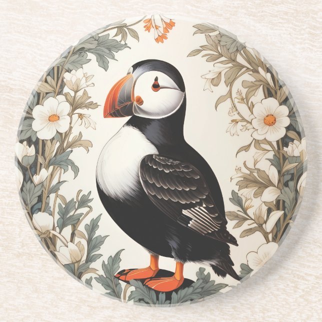 Beautiful Atlantic Puffin White Flowers Coaster (Front)