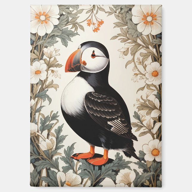 Beautiful Atlantic Puffin White Flowers Magnet (Front)