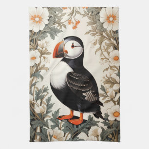 Beautiful Atlantic Puffin White Flowers Tea Towel