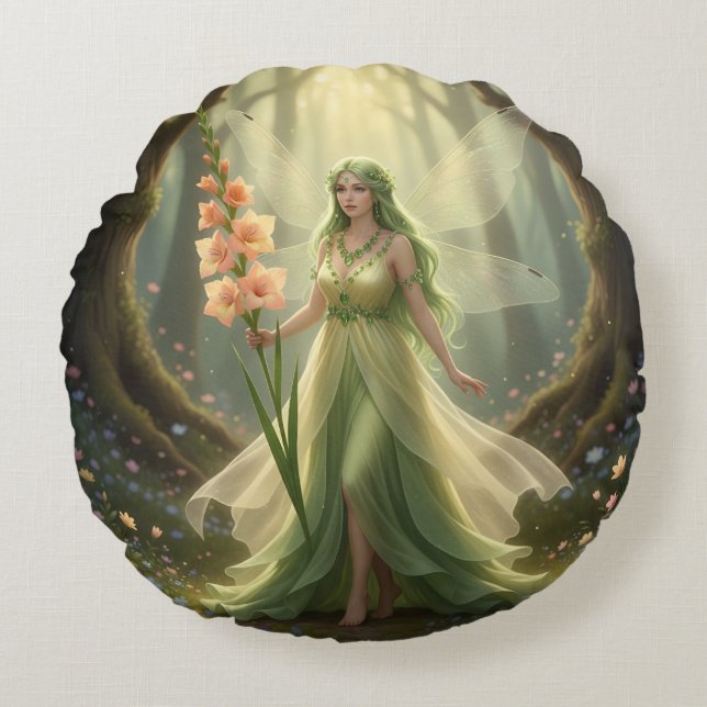 Beautiful August Peridot Fairy Round Cushion (Front)