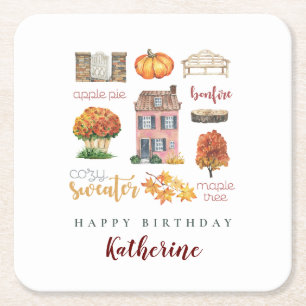Beautiful Autumn Favourites Rustic Birthday Party Square Paper Coaster
