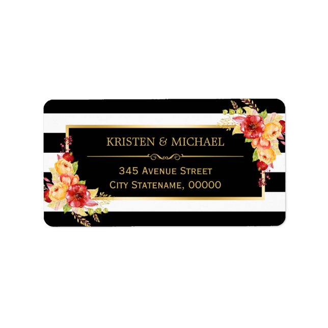Beautiful Autumn Floral Gold Black White Stripes Label (Front)