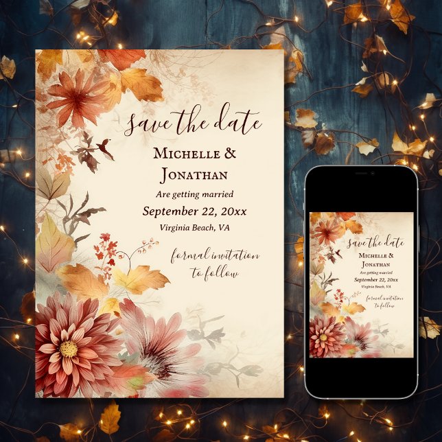 Beautiful Autumn Flowers Fall Floral Wedding Save The Date (Printed and Digital - Beautiful Autumn Flowers Fall Floral Wedding Save The Date)