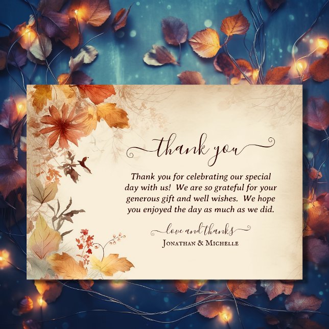 Beautiful Autumn Leaf Flower Fall Wedding Thank You Card (Front - Beautiful Autumn Leaf Flower Fall Wedding Thank You Card)