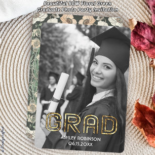 Beautiful B&W Floral Green Graduate Photo Party Invitation