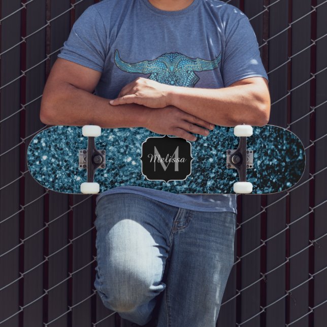 Beautiful Baby blue glitter sparkles Monogram Skateboard (Outdoor 3)