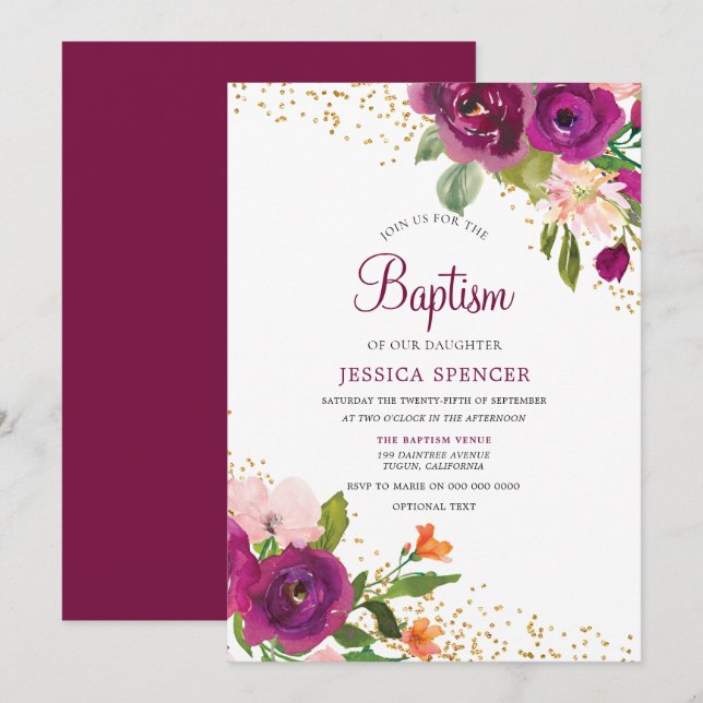Beautiful Baby Girl Burgundy Pink Floral Baptism Invitation (Front/Back)