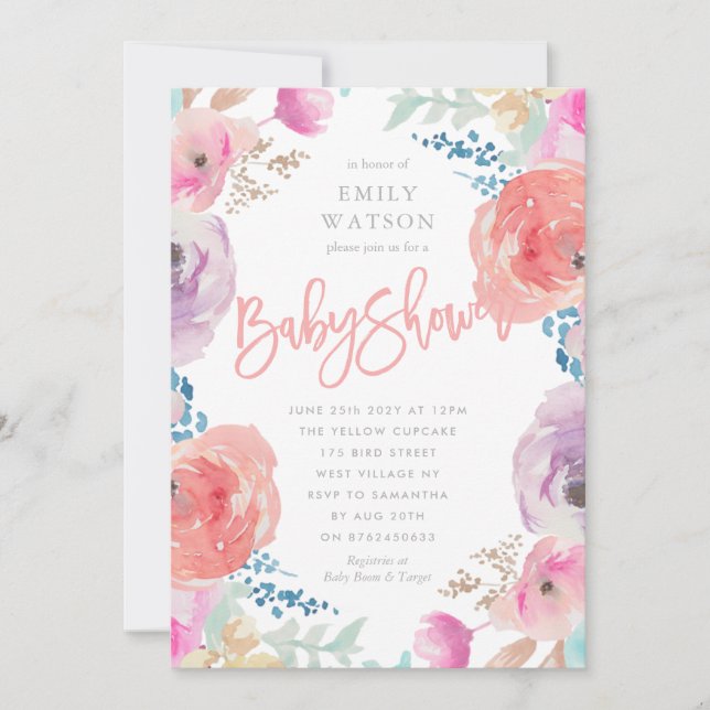 Beautiful Baby Shower Invitation Floral Watercolor (Front)