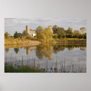 Beautiful Barn and Farm reflected in the pond Poster
