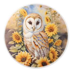 Beautiful Barn Owl And Sunflowers Ceramic Knob