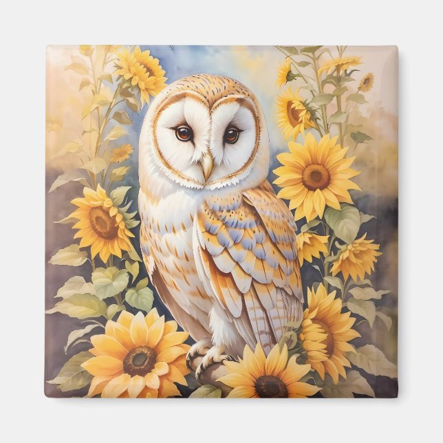 Beautiful Barn Owl And Sunflowers Magnet (Front)