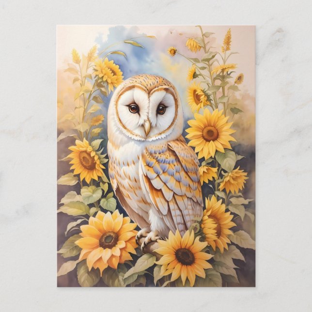 Beautiful Barn Owl And Sunflowers Postcard (Front)