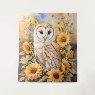 Beautiful Barn Owl And Sunflowers Tapestry