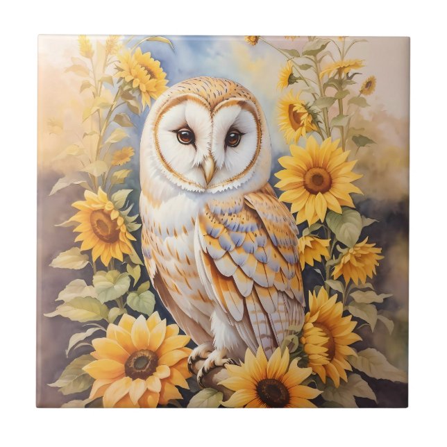 Beautiful Barn Owl And Sunflowers Tile (Front)
