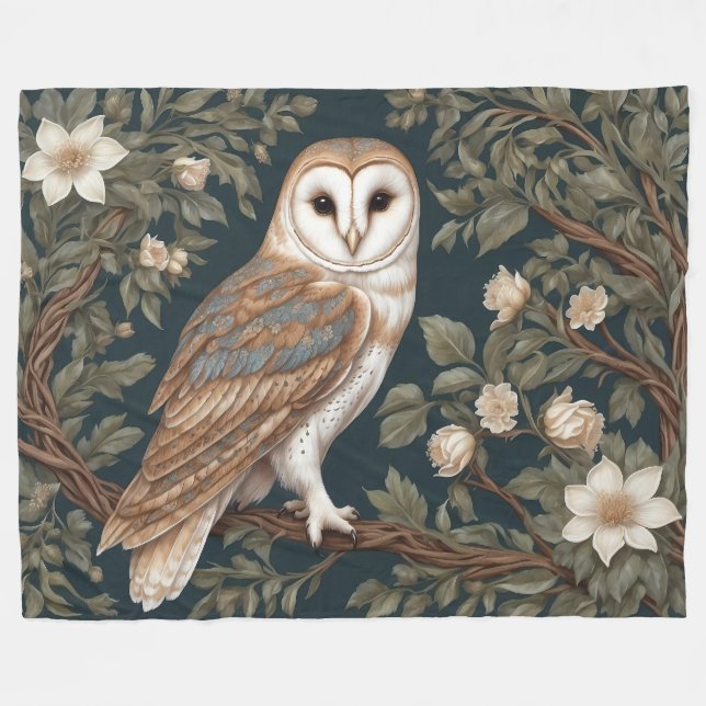 Beautiful Barn Owl William Morris Inspired Fleece Blanket (Front (Horizontal))