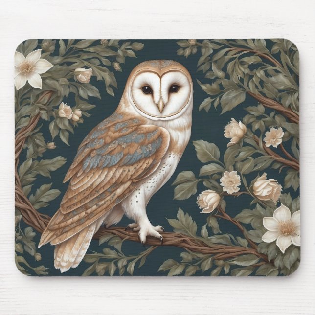 Beautiful Barn Owl William Morris Inspired Mouse Pad (Front)