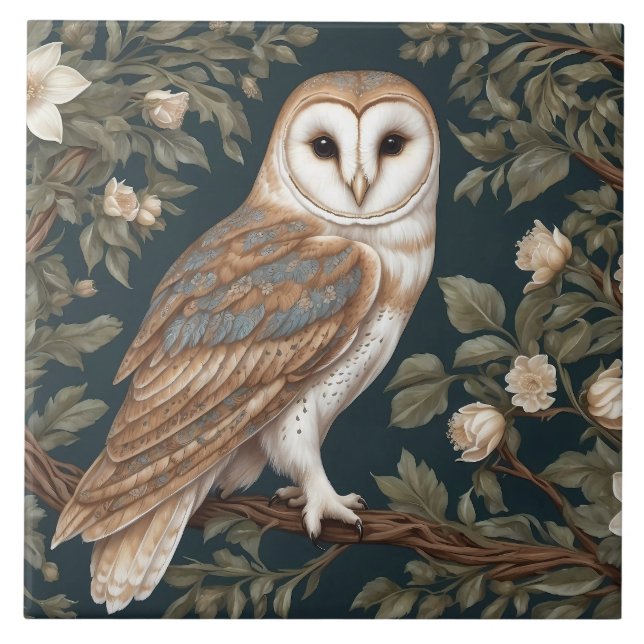 Beautiful Barn Owl William Morris Inspired Tile (Front)