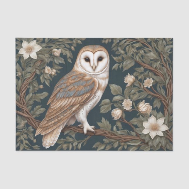 Beautiful Barn Owl William Morris Inspired Tissue Paper (Front)