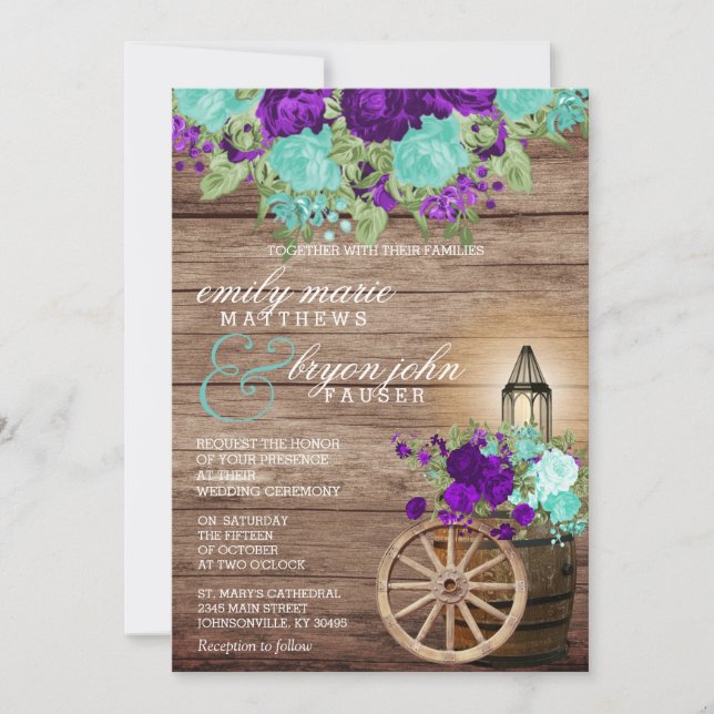 Beautiful Barnwood with Teal & Dark Purple Floral Invitation (Front)