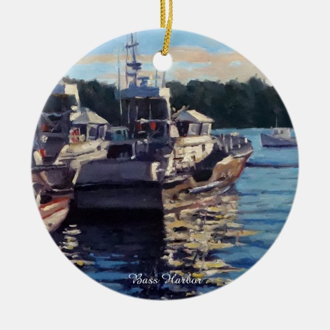 Beautiful Bass Harbour Maine Fishing Boat Scene Ceramic Tree Decoration (Front)