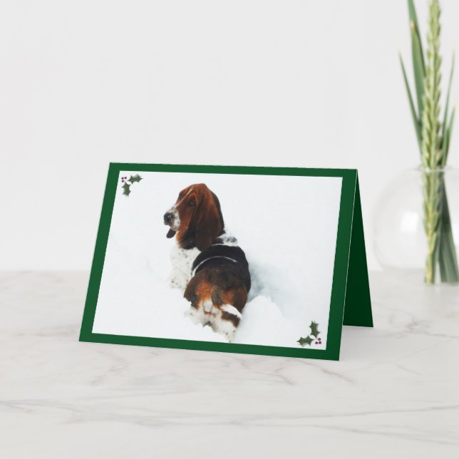 Beautiful Basset in Snow on Christmas Card w/Holly (Front)