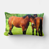 Beautiful Bay Draught Horses In Lush Green Meadow
