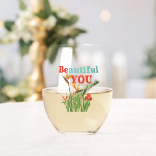 Beautiful Be You Monogram Orange Garden Floral Stemless Wine Glass