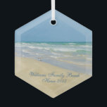 Beautiful Beach House Custom Family Keepsake Gift Glass Tree Decoration<br><div class="desc">Beautiful beach ornament with gorgeous seaside photography featuring a pretty sandpiper standing at the edge of the ocean waves on a sunny summer day. Lovely blue green water waves roll onto the sandy shore where your name is personalised in cute teal typography. A beautiful Christmas gift for a daughter, mum,...</div>