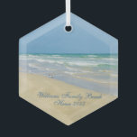 Beautiful Beach House Custom Family Keepsake Gift Glass Tree Decoration<br><div class="desc">Beautiful beach ornament with gorgeous seaside photography featuring a pretty sandpiper standing at the edge of the ocean waves on a sunny summer day. Lovely blue green water waves roll onto the sandy shore where your name is personalised in cute teal typography. A beautiful Christmas gift for a daughter, mum,...</div>