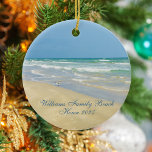 Beautiful Beach House Custom Family Name Year Ceramic Tree Decoration<br><div class="desc">Beautiful beach ornament with gorgeous seaside photography featuring a pretty sandpiper standing at the edge of the ocean waves on a sunny summer day. Lovely blue green water waves roll onto the sandy shore where your name is personalised in cute teal typography. A beautiful Christmas gift for a daughter, mum,...</div>