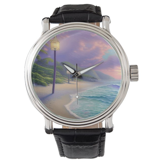 Beautiful Beach Ocean Waves Night Clouds  Watch (Front)