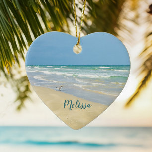 Beautiful Beach Photo Personalised Heart Christmas Ceramic Tree Decoration