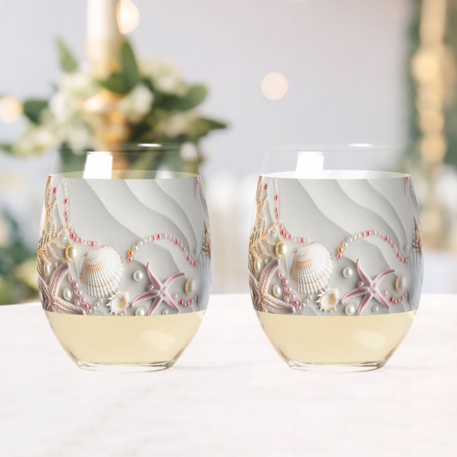 Beautiful Beach Pink Coral Seashells Pearls Stemless Wine Glass (Insitu (Wedding))
