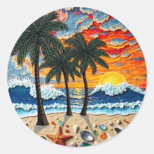 Beautiful Beach Scene with Palm Trees Classic Round Sticker