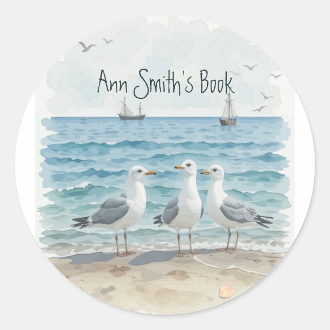 Beautiful Beach Seagulls Ocean Book Plate  Classic Round Sticker (Front)