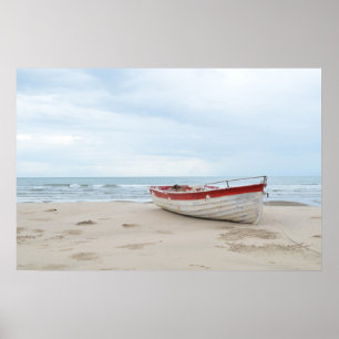 Beautiful Beach Small Boat Blue Ocean Blue Sky Poster