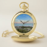 Beautiful Beach Sunset Photography Summer Pocket Watch<br><div class="desc">This picturesque beach photography pocket watch with white numbers from Destin Florida features the gorgeous pink and orange sunset gently touching the ocean waves above the sand and sea grass. Lovely seaside watch from your favourite vacation spot or hometown.</div>